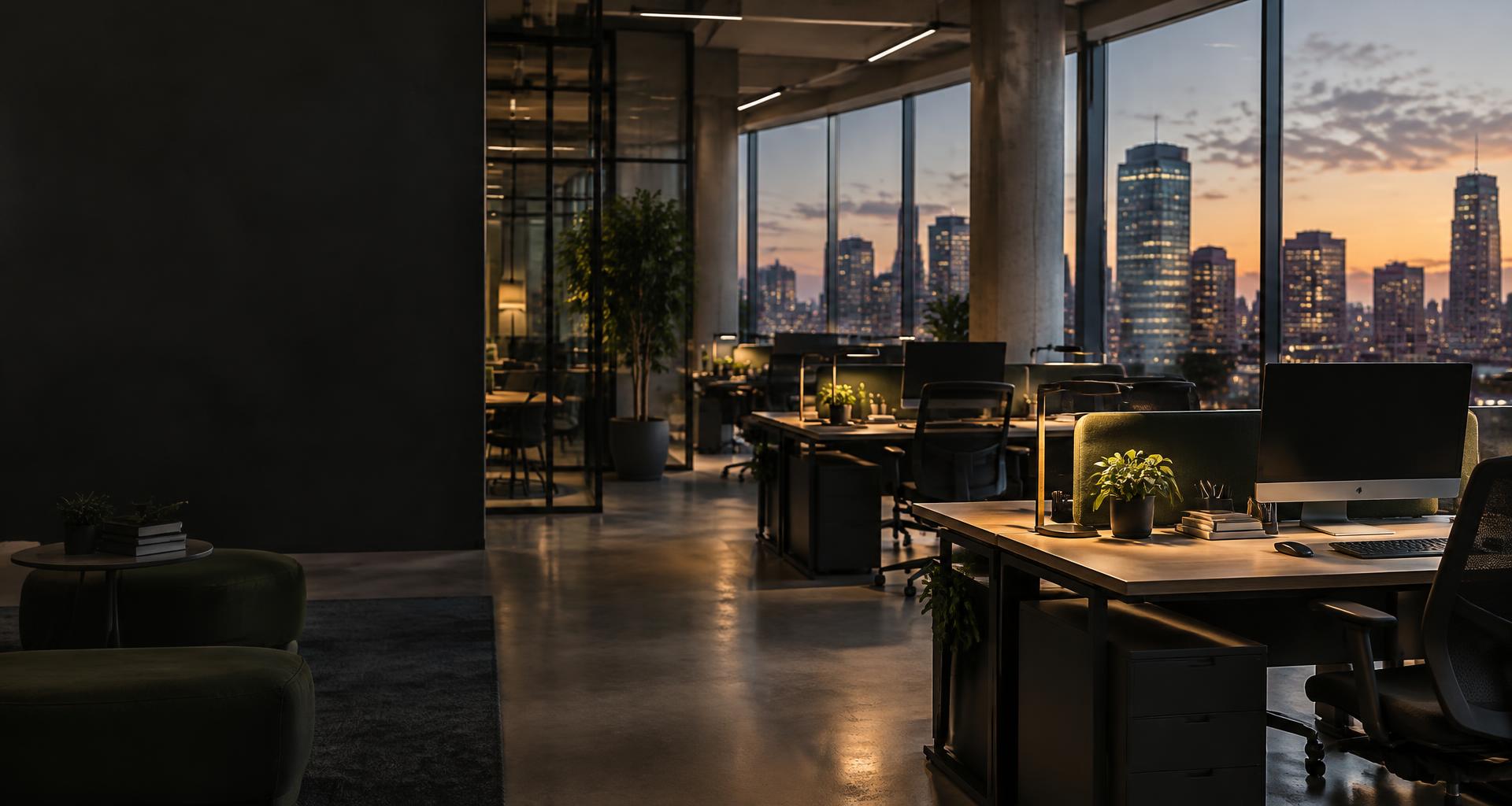 A modern sales office overlooking the city at dusk
